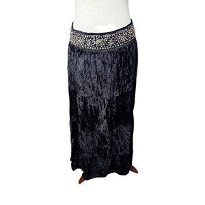 Vtg Blk Velvet Maxi Skirt Lg Beaded Waistband Tiered Whimsigoth Holiday Y2K READ